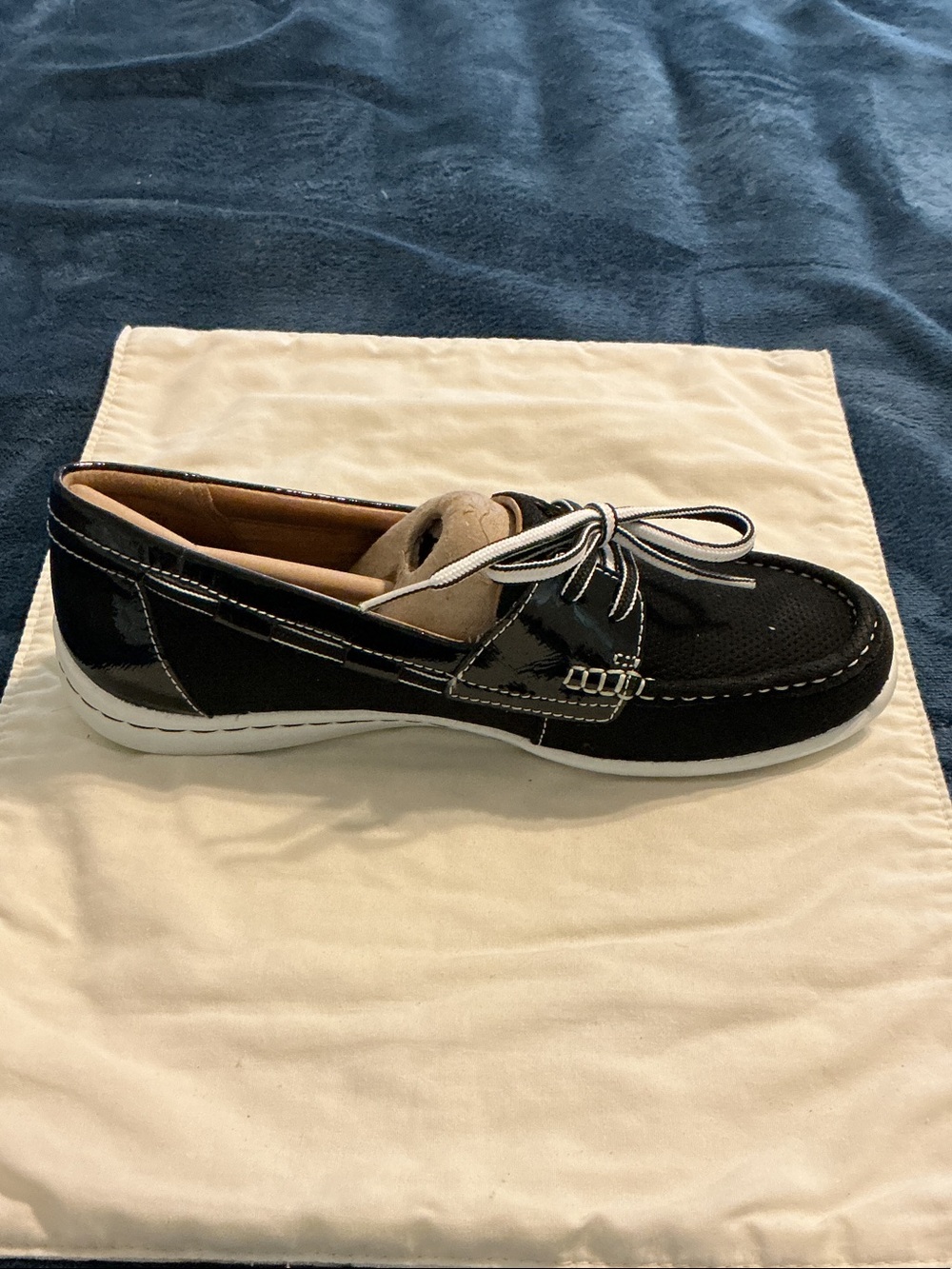 Clarks Black Patent Moccasin with White Laces and White Sole